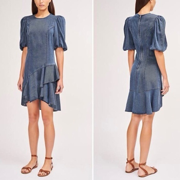 AMUR Emery Denim Ruffle Dress Chambray Puff Sleeve 8 NWT - Picture 1 of 6